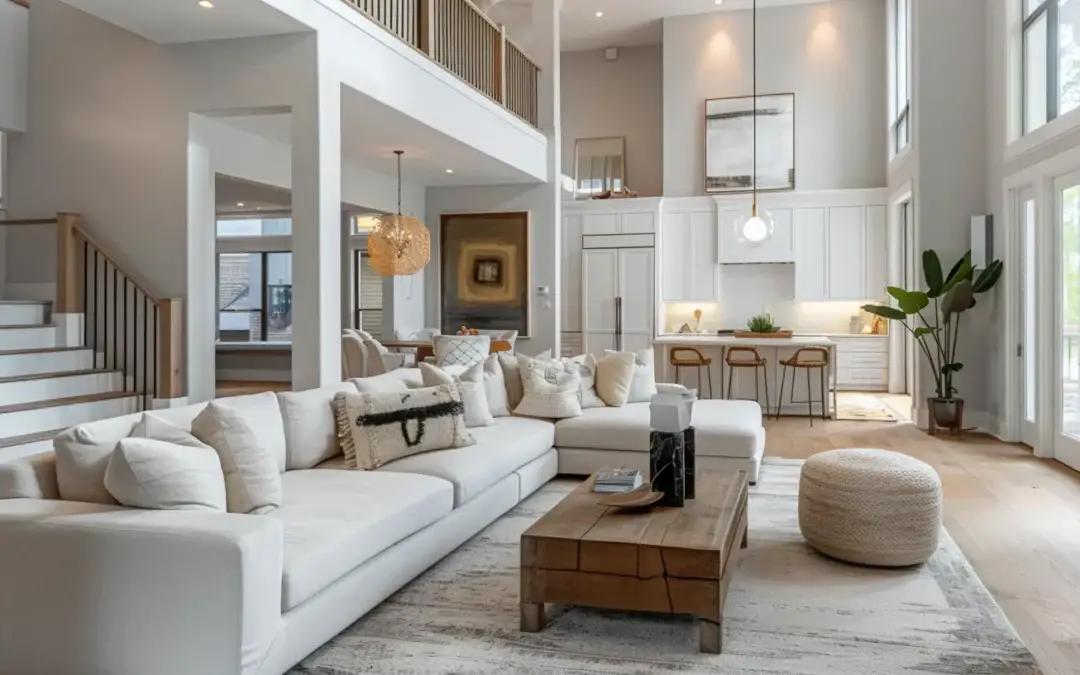 a bright and airy modern interior showcases a beautifully renovated living space, featuring elegant furnishings and chic decor that embody contemporary style and comfort.